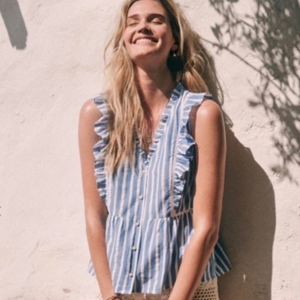 Sezane Blue and White Ruffle Blouse